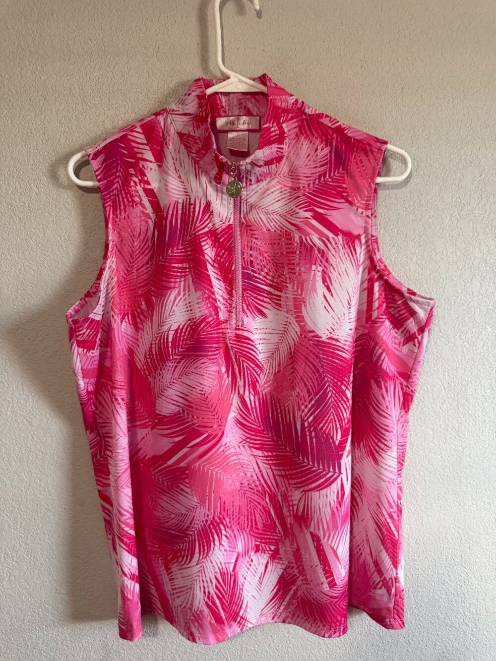 Stella Parker Women's Pink Palm Leaf Sleeveless Zip Golf Polo Top Size L